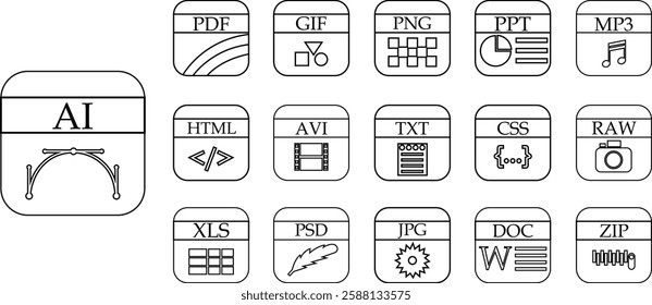 File icons set. Format of document on computer outline symbols. Audio extension graphic multimedia application software folders. Presentation audio designs vectors isolated on transparent background.