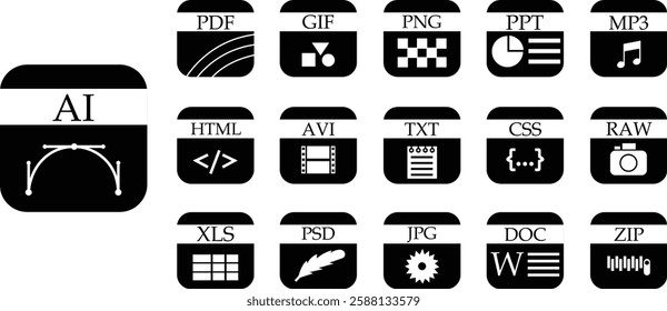 File icons set. Format of document on computer flat symbols. Audio extension graphic multimedia application software folders. Presentation audio designs vectors isolated on transparent background.