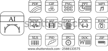 File icons set. Format of document on computer outline symbols. Audio extension graphic multimedia application software folders. Presentation audio designs vectors isolated on transparent background.