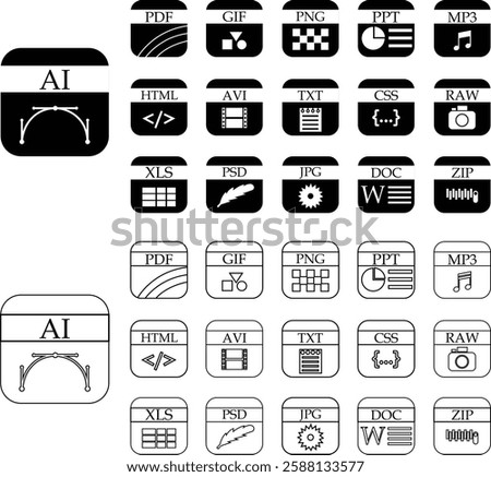 File icons set. Format of document on computer flat and outline symbols. Audio extension graphic multimedia application software folders. Presentation audio designs isolated on transparent background.