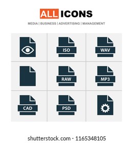 File icons set with iso, system, hidden and other audio elements. Isolated vector illustration file icons.