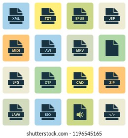 File icons set with java, zip, multimedia and other text elements. Isolated vector illustration file icons.