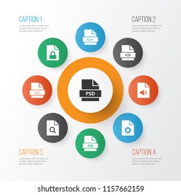 File icons set with programming language, psd, iso and other data elements. Isolated vector illustration file icons.