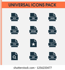 File icons set with psd, zip, doc and other programming language elements. Isolated vector illustration file icons.