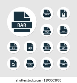 File icons set with raw, text, audio and other xml elements. Isolated vector illustration file icons.
