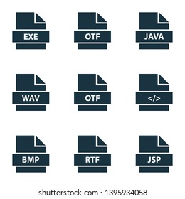 File icons set with shape, rtf, bmp and other open type font elements. Isolated vector illustration file icons.