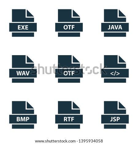 File icons set with shape, rtf, bmp and other open type font elements. Isolated vector illustration file icons.