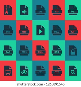 File icons set with software, script, folio and other multimedia elements. Isolated vector illustration file icons.