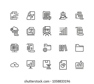 File icons. Set of twenty line icons. Report, presentation, folder. File system concept. Vector illustration can be used for topics like information technology, analysis, data storage.