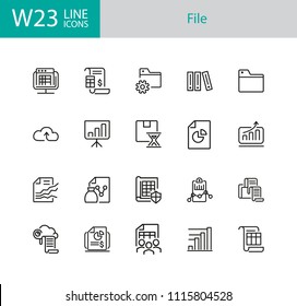 File icons. Set of twenty line icons. Report, presentation, folder. File system concept. Vector illustration can be used for topics like information technology, analysis, data storage.