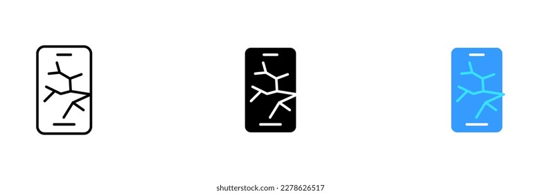 A file with an image of a cracked screen of a mobile phone. Vector set of icons in line, black and colorful styles isolated.