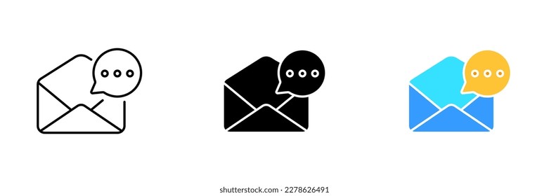 Un archivo con una imagen de un sobre con una hoja de papel y un icono de mensaje. Conjunto vectorial de iconos en línea, negro y estilos coloridos aislados.