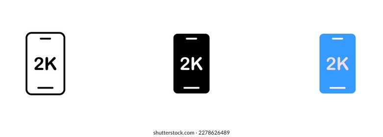 A file with an image of a phone displaying an 2K icon in the corner of the screen. The phone is sleek and modern. Vector set of icons in line, black and colorful styles isolated.