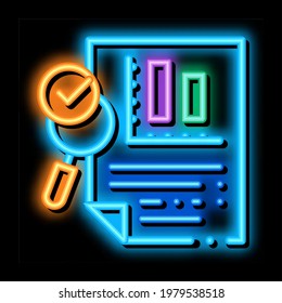 File Infographic Research neon light sign vector. Glowing bright icon Analysis And Approved By Magnifier Glass Infographic Document sign. transparent symbol illustration