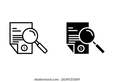 Conjunto de iconos de Factura de archivo. símbolo de Vector de Comprobante de Cuenta de facturación con lupa. signo de impuesto de finanzas comerciales de estilo. símbolo de Factura de pedido.