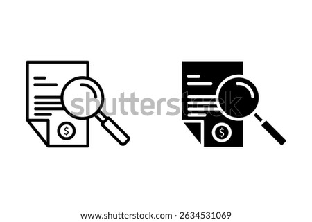 File invoice icon set. billing account receipt vector symbol with magnifying glass style business finance tax sign. order invoice symbol.