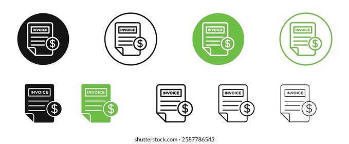 File invoice icons in black and green colors collection