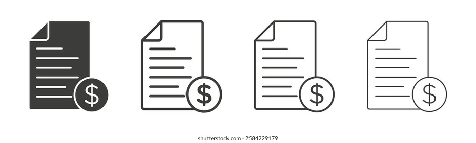 File invoice icons set. Liner outlined and flat black color