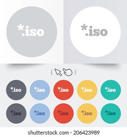 File ISO icon. Download virtual drive file symbol. Round 12 circle buttons. Shadow. Hand cursor pointer. Vector