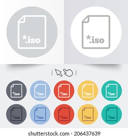 File ISO icon. Download virtual drive file symbol. Round 12 circle buttons. Shadow. Hand cursor pointer. Vector