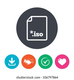 File ISO icon. Download virtual drive file symbol. Download arrow, handshake, tick and heart. Flat circle buttons.