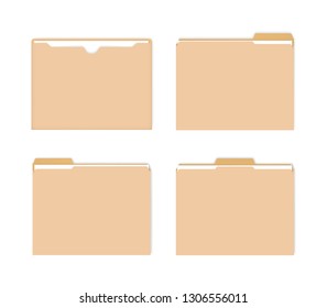 File jackets with various tabs, vector mockup set. Flat document envelope with paper sheets inside, mock-up set.