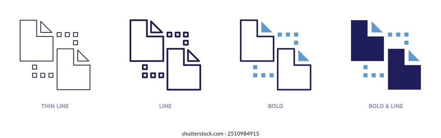 Ícone de junção de arquivo em 4 estilos diferentes. Linha fina, Linha, Negrito e Linha Negrito. Estilo duotônico. Traçado editável.