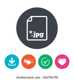 File JPG sign icon. Download image file symbol. Download arrow, handshake, tick and heart. Flat circle buttons.