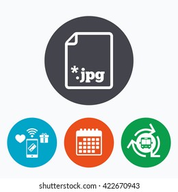File JPG sign icon. Download image file symbol. Mobile payments, calendar and wifi icons. Bus shuttle.