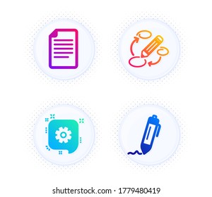 File, Keywords and Cogwheel icons simple set. Button with halftone dots. Signature sign. Paper page, Marketing strategy, Engineering. Written pen. Education set. Gradient flat file icon. Vector