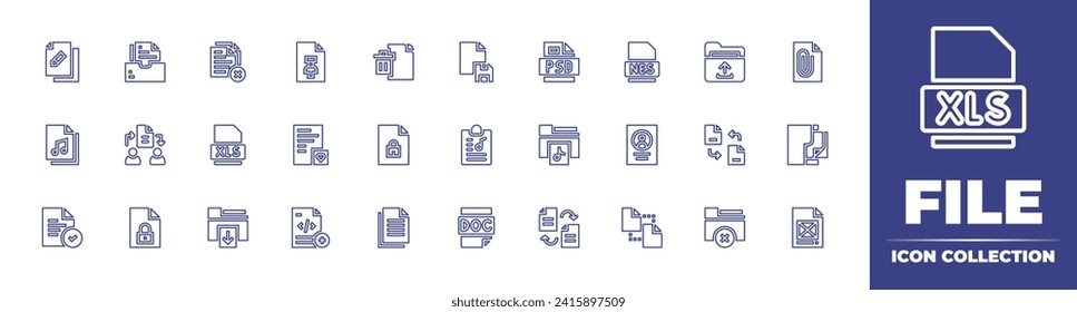 File line icon collection. Editable stroke. Vector illustration. Containing plagiarism, folder, xls, exchange, download, remove, psd, music file, delete, save file.
