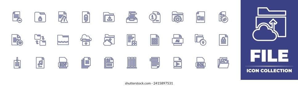 Colección de iconos de línea de archivo. Trazo editable. Ilustración vectorial. Contiene descarga, documento, registro médico, carga, carpeta, formato ai, compartir, ai, corrupto, texto, audio.