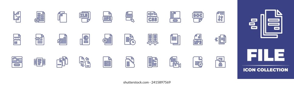 File line icon collection. Editable stroke. Vector illustration. Containing file, xls file, files, file transfer, music files, video, mp3, css, doc, corrupted, saved.