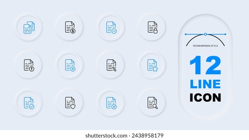 File line icon set. Dollar, lock, password, minus, loading, information, data, information. Neomorphism style. Vector line icon for Business