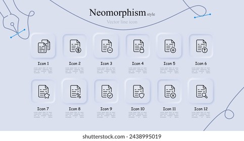 Conjunto de iconos de línea de archivo. Dólar, asterisco, candado, porcentaje, contraseña, menos, carga, información, datos, información. Estilo neomorfista. Icono de línea vectorial para negocios