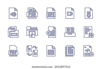 File line icon set. Editable stroke. Vector illustration. Containing file, psd, music, pdf, video file, mp file.
