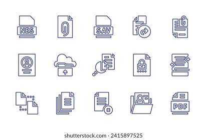 File line icon set. Editable stroke. Vector illustration. Containing document, medical record, file, delete, pdf, attached, send, nes file, sav file, files, upload.