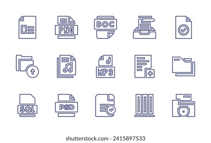 File line icon set. Editable stroke. Vector illustration. Containing text, png, file, music file, sql, psd, files, police, doc, mp3.