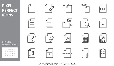 File line icons. Vector illustration include icon - paper, pdf, pen, document, checklist, page, image, sheet, copy, photo outline pictogram for web attachment. 64x64 Pixel Perfect, Editable Stroke.