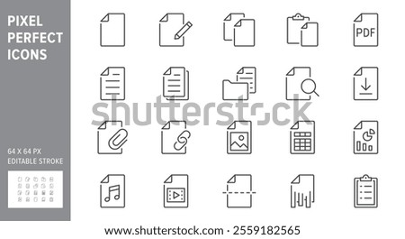 File line icons. Vector illustration include icon - paper, pdf, pen, document, checklist, page, image, sheet, copy, photo outline pictogram for web attachment. 64x64 Pixel Perfect, Editable Stroke.