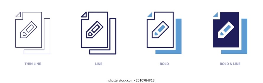 Icono de lista de archivos en 4 estilos diferentes. Línea delgada, línea, negrita y línea negrita. Estilo duotono. Trazo editable.