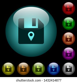 File location icons in color illuminated spherical glass buttons on black background. Can be used to black or dark templates