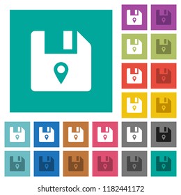 File location multi colored flat icons on plain square backgrounds. Included white and darker icon variations for hover or active effects.