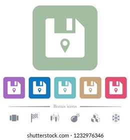 File location white flat icons on color rounded square backgrounds. 6 bonus icons included