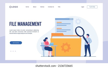 Administración de archivos, concepto de archivo de datos, página de aterrizaje del vector de ilustración plana