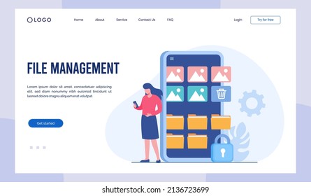 File management administration, data filing concept, flat illustration vector landing page