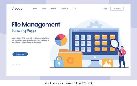 File management administration, data filing concept, document, flat illustration vector landing page template