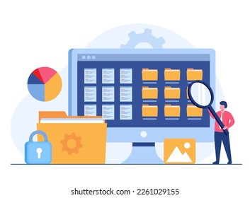 File management administration, data filing concept, folder, gallery, records, database, flat illustration vector template