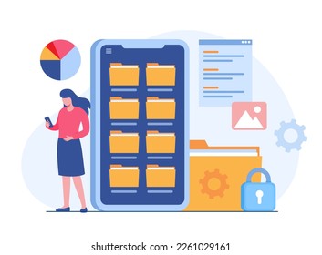File management administration, data filing concept, folder, gallery, records, database, flat illustration vector template