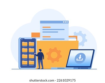 Administración de archivos, concepto de archivo de datos, carpeta, galería, administración, plantilla vectorial de ilustración plana